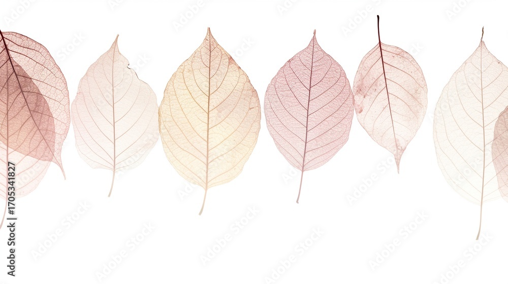 Obraz premium A row of pale autumn leaves, each differing in color and shape, arranged horizontally on a white background, suitable for greeting cards, covers, and social posts, leaving space for text at the top.