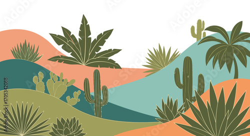 A vibrant desert landscape with diverse succulent plants and rolling hills.