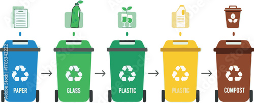 Colorful Recycling Bins for Waste Sorting and Segregation of Paper, Glass, Plastic, and Compost Materials