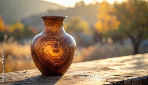 Ornate wooden vase with rich polished finish and intricate natural grain patterns, placed on an outdoor wooden surface with a softly blurred sunlit landscape of trees and hills in the background, blen