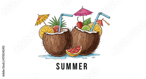 Two tropical coconut drinks with umbrellas and straws for a refreshing summer day.