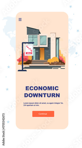 House for sale economic downturn crisis concept modern home with declining chart sign autumn landscape web banner landing page