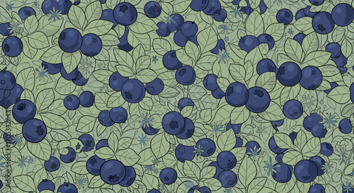 A close up view of numerous small blueberries with green leaves in the background.