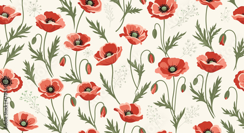 A vibrant pattern featuring blooming red poppies and delicate green leaves on a cream background. This design evokes a sense of natural beauty and rustic charm.