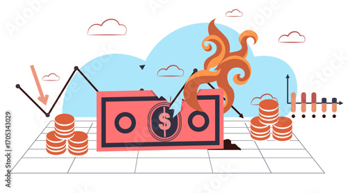 Burning dollar bill financial crisis recession concept chart with falling arrow coins and smoke on abstract background