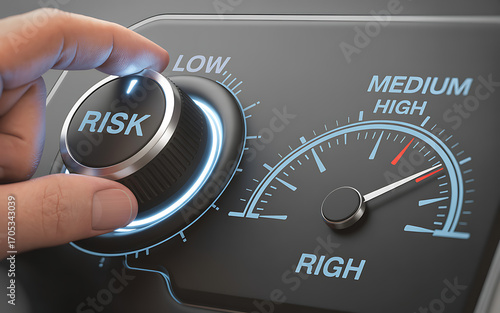 Hand adjusting risk control dial to low setting with gauge indicating risk level illustration