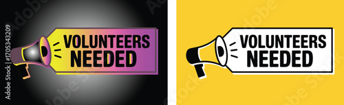 Megaphone announcing volunteers needed in bright colorful and simple graphic styles