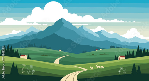 A peaceful pixel art landscape with rolling green hills, distant blue mountains, and scattered houses.
