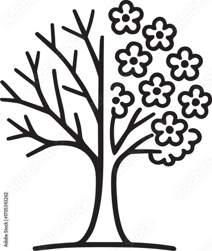 Abstract Spring Tree Illustration: A visually striking, minimalist illustration captures the essence of spring. A tree with a duality of life.