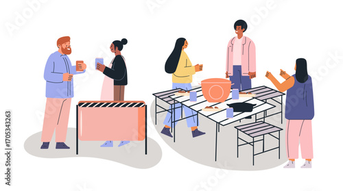 People cooking together group teamwork kitchen utensils table drinks casual clothes modern flat style