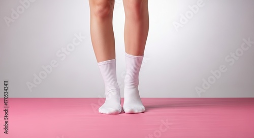 Wallpaper Mural Lower legs and feet of a person wearing clean white socks standing on a vibrant pink floor. Torontodigital.ca