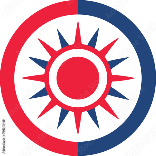 Red and Blue Circular Emblem with Stylized Sunburst Center and Outer Ring style vector illustration EPS file download