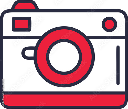 Red and White Camera Icon with Blue Outline and Concentric Circles on Lens style vector illustration EPS file download