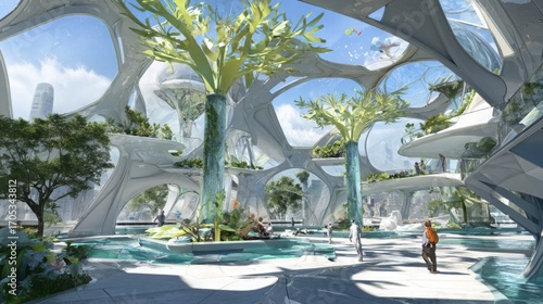 Fototapeta Naklejka Na Ścianę i Meble -  The organic, flowing interior of a futuristic space station with bioluminescent plants.