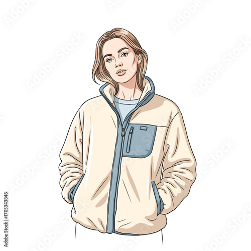 Woman wearing fleece winter jacket with hands in pockets illustration