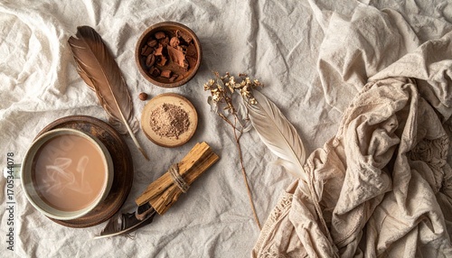 Top-view images of a cacao ceremony. Rustic wooden table with handmade clay cups filled with frothy cacao, raw cacao beans, cacao paste pieces, candles, feathers, crystals, and natural fabrics. Warm e