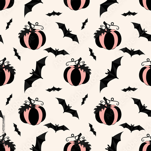 Pattern with striped Halloween pumpkins in pink and dark grey and bat silhouettes. On creamy beige background.