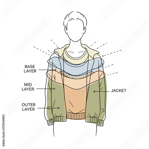 Winter clothing layering system diagram with labeled sections