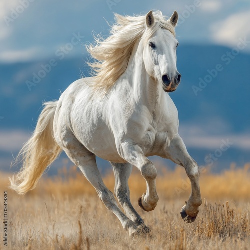 The white horse gallops across the field