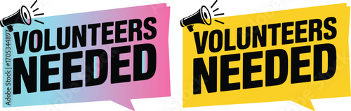 Volunteers needed speech bubbles with megaphone icons and gradient colors