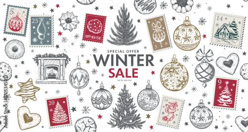 Advent calendar, Christmas Stamps with tree and ball, mail, postcard hand drawn illustrations.