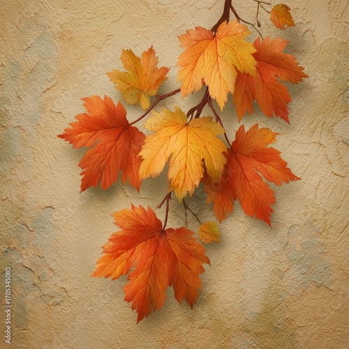 Maple branch with autumn leaves on a beige background