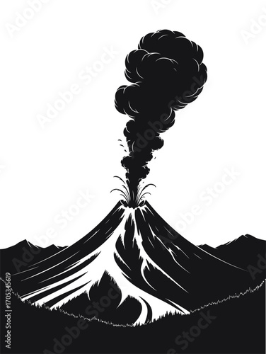 Volcano erupting with smoke and lava flows in silhouette