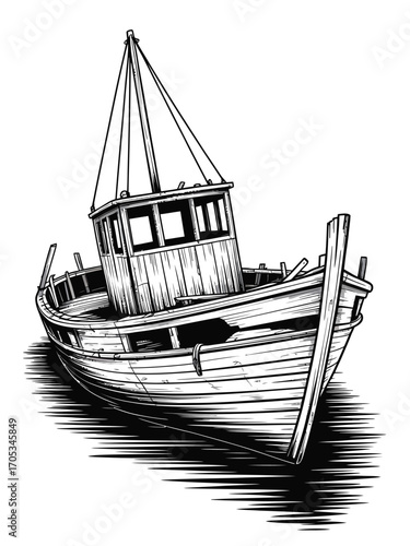 Detailed black and white sketch of an old wooden fishing boat