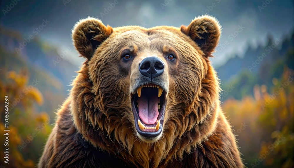 Fototapeta premium Brown Bear Roaring Aggressively Close Up with Open Mouth and Sharp Teeth Forest Backdrop in Soft Focus