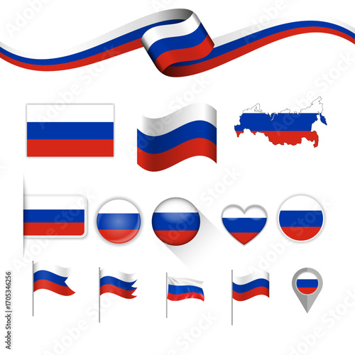 Russia Flag Icons and Map Set National Symbols Collection