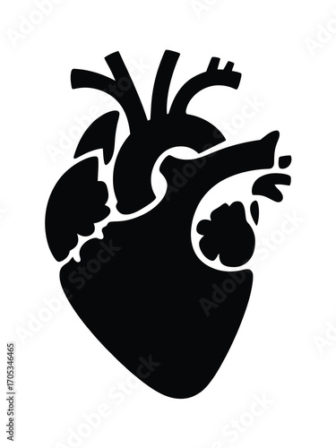 Black silhouette of a human heart with arteries and veins