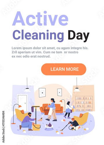 Family cleaning living room teamwork household chores modern interior people vacuuming mopping wiping dusting cozy home scene