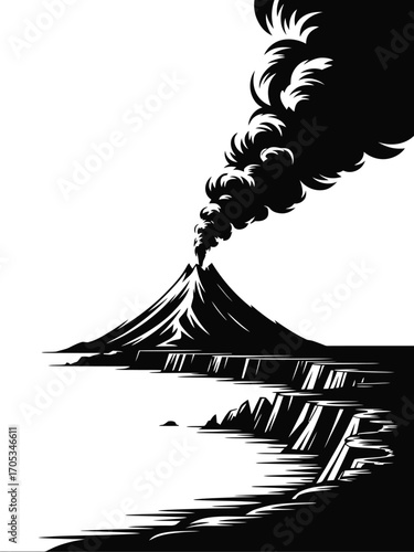 Volcano erupting with dark smoke plume over landscape