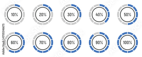 Set of circle percentage diagrams from 0 to 100 for infographic and user interface. Percentage infographics minimal elements. Round diagrams icons for infographics from 0 to 100 percent. Circle graph