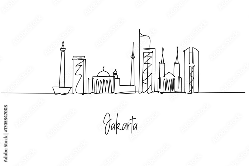 Fototapeta premium continuous line drawing of Jakarta city skyline highlighting capital landmarks and towers, a minimalist art concept themed to Indonesias metropolis with Monas mosques cathedrals offices and highrises.