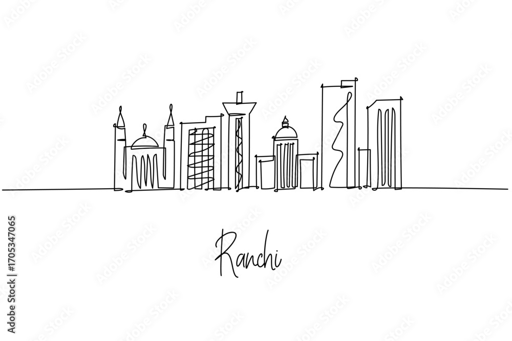 Fototapeta premium one line drawing of Ranchi city skyline presenting Jharkhand capital architecture and natural heritage, a minimalist art concept themed to the waterfalls city with temples offices towers and icons.
