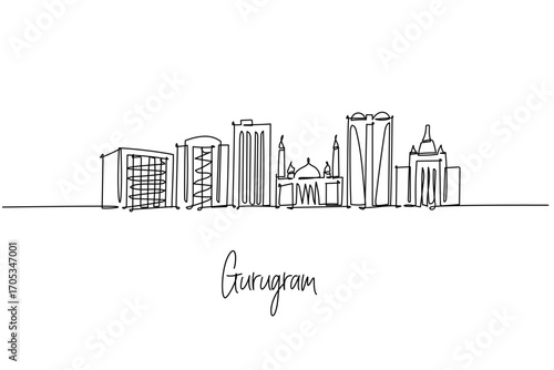 continuous line drawing of Gurugram city skyline showcasing Haryana corporate towers and icons, a minimalist art concept themed to Indias tech hub with offices malls hotels flyovers and landmarks.