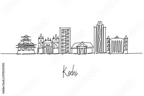 continuous line drawing of Kochi city skyline showing Kerala port architecture and heritage, a minimalist art concept themed to Fort Kochi with Chinese fishing nets churches towers and bridges.
