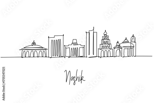 continuous line drawing of Nashik city skyline capturing Maharashtra temple architecture vineyards and icons, a minimalist art concept themed to the wine capital with ghats domes towers and halls.