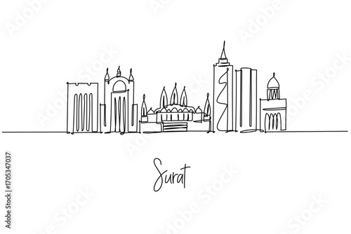 continuous line drawing of Surat city skyline showcasing Gujarat architecture and urban landmarks, a minimalist art concept themed to Indias diamond city with temples towers and modern buildings.