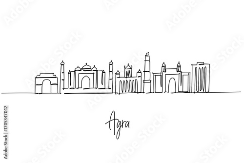 one line drawing of Agra city skyline celebrating Uttar Pradesh Mughal architecture and urban icons, a minimalist art concept themed to the Taj city with minarets domes gates towers and monuments.