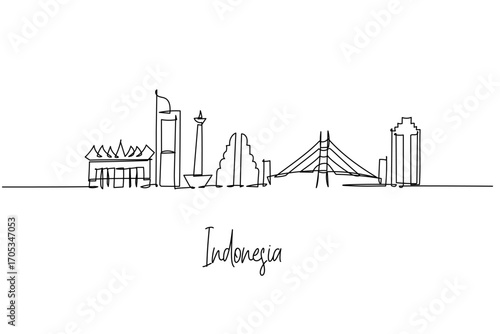 one line drawing of Indonesia city skyline merging national landmarks temples and bridges, a minimalist art concept themed to the archipelago with Monas domes pagodas spires and coastal highrises.