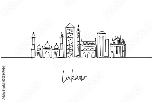 one line drawing of Lucknow city skyline presenting Uttar Pradesh heritage landmarks and silhouettes, a minimalist art concept themed to the City of Nawabs with gateways minarets and civic buildings.