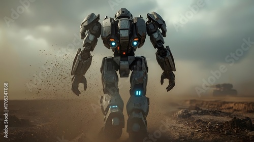 A dramatic 3D render of a huge, heavily-armored futuristic mech from a low-angle perspective, walking on a dusty road in a desolate, post-apocalyptic wasteland with a tank in the background