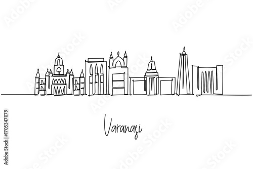 one line drawing of Varanasi city skyline depicting Uttar Pradesh sacred riverfront architecture, a minimalist art concept themed to the holy city with ghats temples spires domes and gateways.