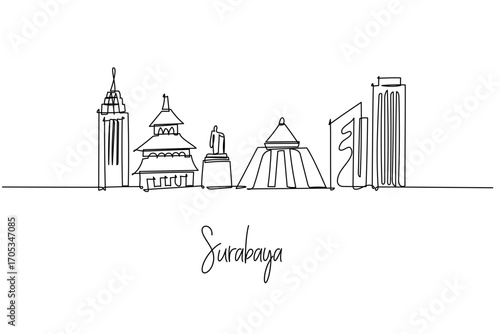 one line drawing of Surabaya city skyline depicting East Java port landmarks and heritage, a minimalist art concept themed to the city of heroes with bridges mosques statues towers and civic halls.