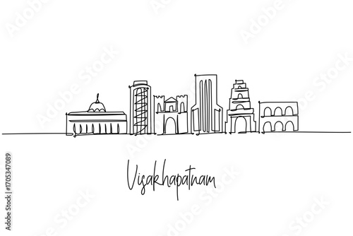 one line drawing of Visakhapatnam city skyline showing Andhra Pradesh coastal landmarks and modern highrises, a minimalist art concept themed to Vizag with ports arches temples towers and urban icons.