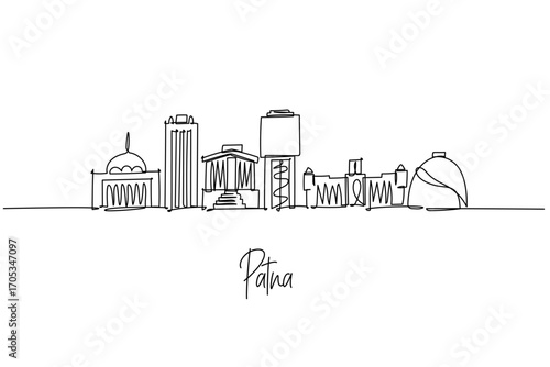Patna India city skyline illustrated as a single line drawing, featuring Golghar dome, Gandhi Maidan and riverside high rises on the Ganges. Clean urban outline for travel branding and Bihar heritage.