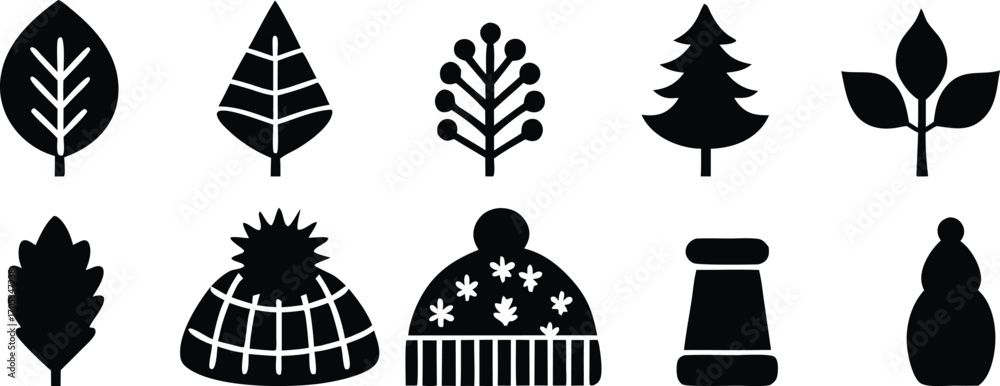 Naklejka premium Collection of Winter and Foliage Silhouette Icons for Holiday and Seasonal Designs
