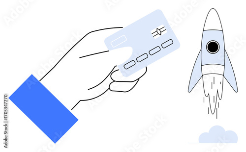 Hand holding credit card beside a launching rocket symbolizing financial growth, innovation, and progress. Ideal for business, startup, technology, e-commerce, investment future success. Simple